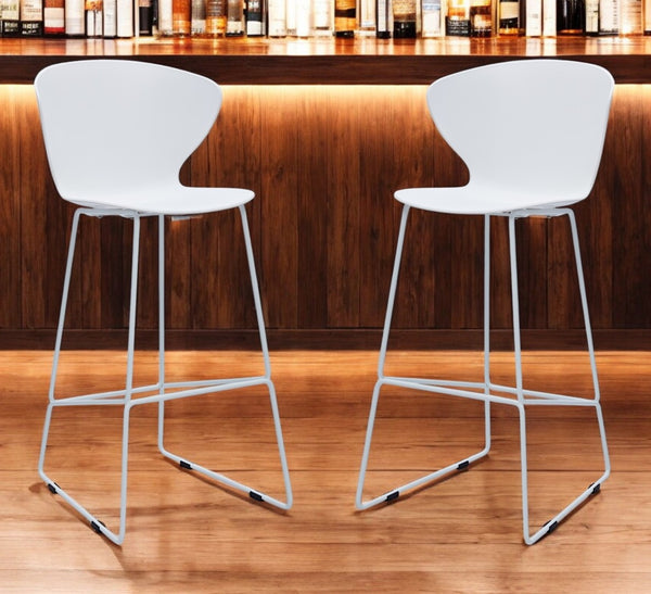 HomeRoots Set of Two Modern 30" White & Silver Bar Chairs - Stylish, Durable, Comfortable Low Back Stools 555096