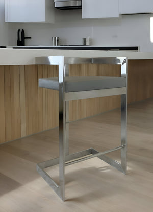 Homeroots 26" Gray And Silver Faux Leather And Metal Low Back Counter Height Bar Chair   555097