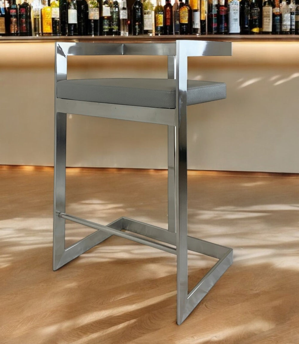 HomeRoots 26" Gray Faux Leather & Silver Metal Low Back Counter Stool - Modern Design for Kitchen & Bar 555097