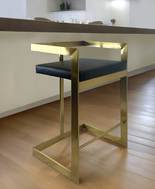 Homeroots 26" Black And Gold Faux Leather And Stainless Steel Low Back Counter Height Bar Chair   555098