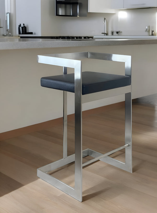 Homeroots 26" Black And Silver Faux Leather And Metal Low Back Counter Height Bar Chair   555099