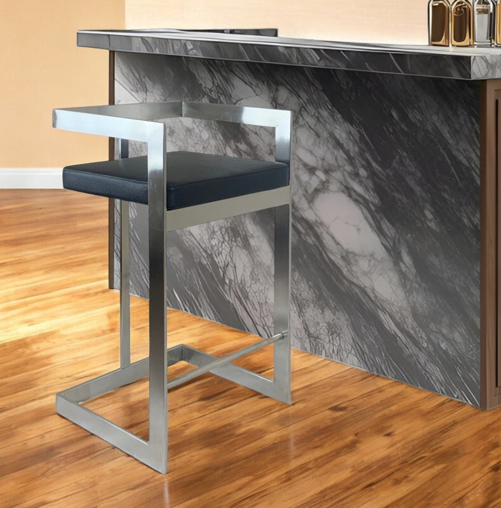 HomeRoots 26" Sleek Black and Silver Faux Leather Bar Chair - Modern Low Back Design for Kitchen or Dining Space 555099
