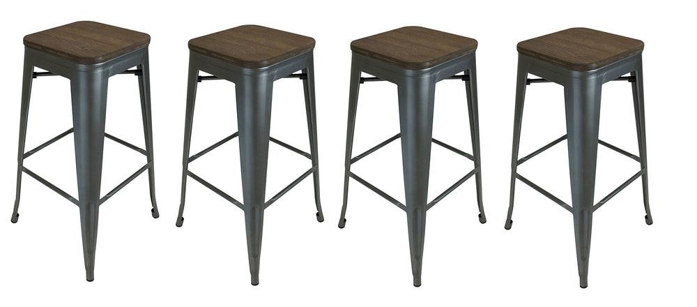 Homeroots Set Of Four 30" Brown And Gunmetal Steel Backless Bar Height Bar Chairs   555100