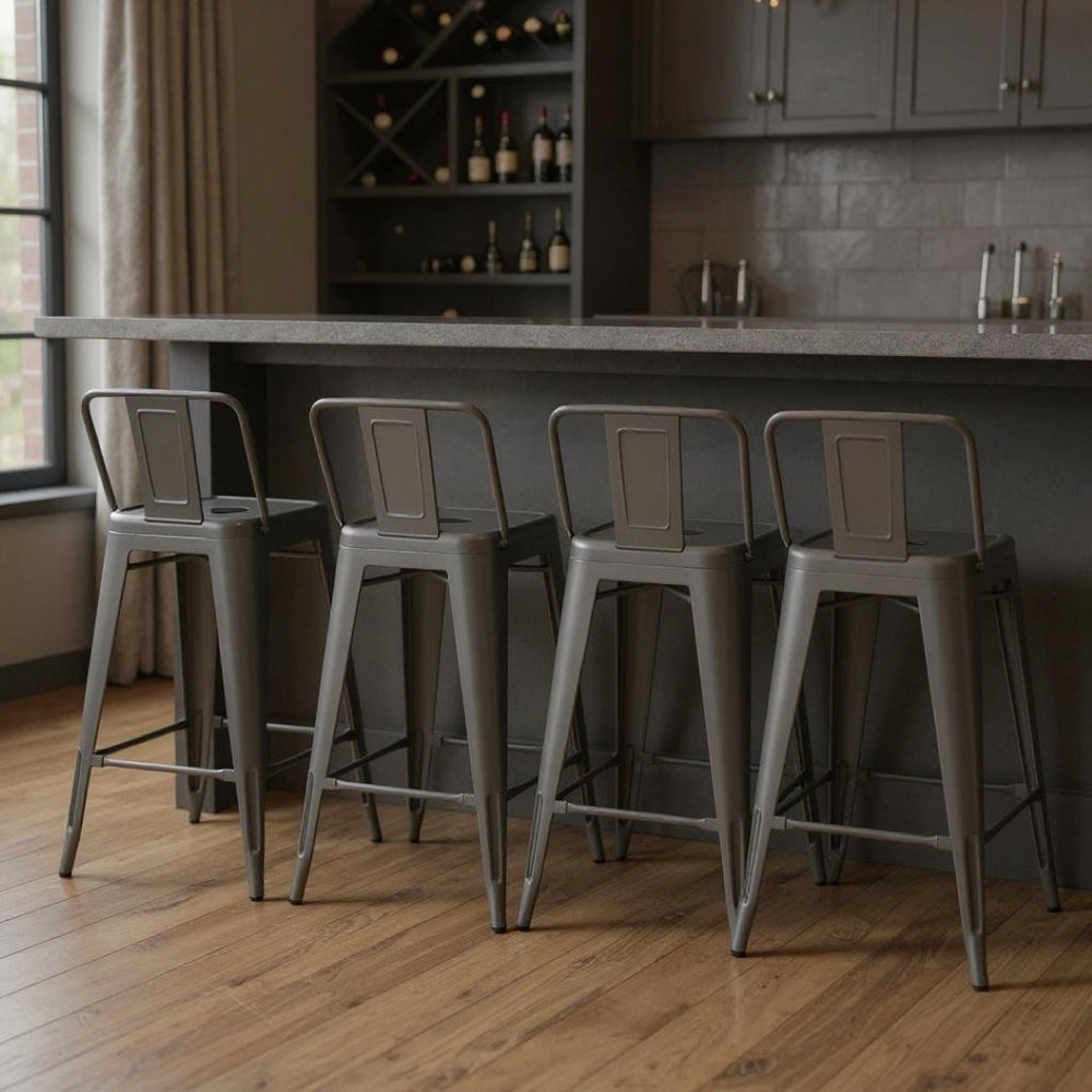 HomeRoots Set of Four Modern Gray Steel Low Back Bar Chairs - Durable, Stylish Seating for Home & Commercial Use 555102