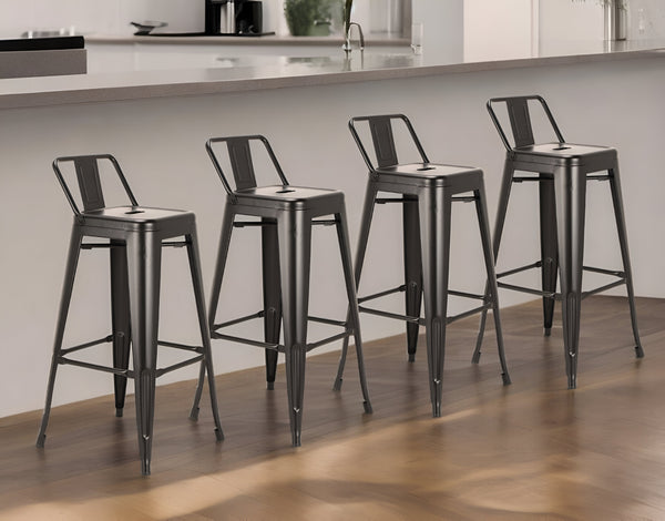 Homeroots Set Of Four 30" Black Metal Low Back Bar Height Bar Chairs   555103