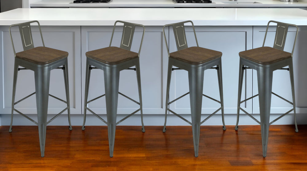 Homeroots Set Of Four 30" Brown And Gunmetal Solid Wood And Metal Low Back Bar Height Bar Chairs   555106