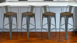 Homeroots Set Of Four 30" Brown And Gunmetal Solid Wood And Metal Low Back Bar Height Bar Chairs   555106