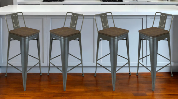 Homeroots Set Of Four 30" Brown And Gunmetal Solid Wood And Metal Low Back Bar Height Bar Chairs   555106