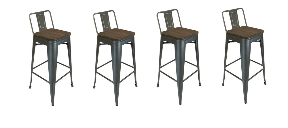 Homeroots Set Of Four 30" Brown And Gunmetal Solid Wood And Metal Low Back Bar Height Bar Chairs   555106