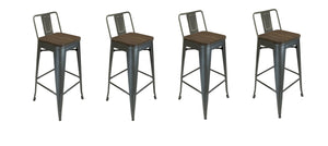 Homeroots Set Of Four 30" Brown And Gunmetal Solid Wood And Metal Low Back Bar Height Bar Chairs   555106