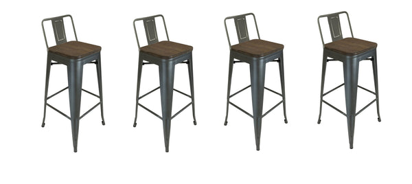 Homeroots Set Of Four 30" Brown And Gunmetal Solid Wood And Metal Low Back Bar Height Bar Chairs   555106