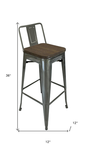 Homeroots Set Of Four 30" Brown And Gray Solid Wood And Metal Low Back Bar Height Bar Chairs   555107