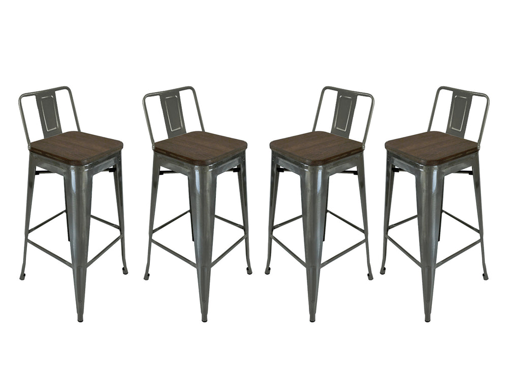 Homeroots Set Of Four 30" Brown And Gray Solid Wood And Metal Low Back Bar Height Bar Chairs   555107
