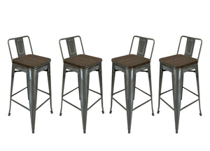 Homeroots Set Of Four 30" Brown And Gray Solid Wood And Metal Low Back Bar Height Bar Chairs   555107