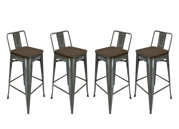 Homeroots Set Of Four 30" Brown And Gray Solid Wood And Metal Low Back Bar Height Bar Chairs   555107