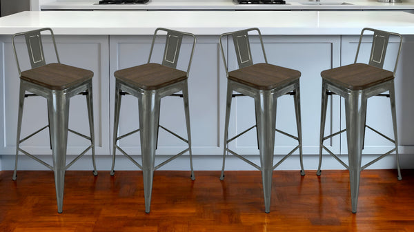 Homeroots Set Of Four 30" Brown And Gray Solid Wood And Metal Low Back Bar Height Bar Chairs   555107