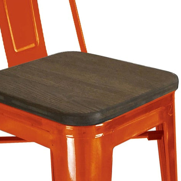 Homeroots Set Of Four 30" Brown And Orange Wood And Steel Low Back Bar Height Bar Chairs   555108