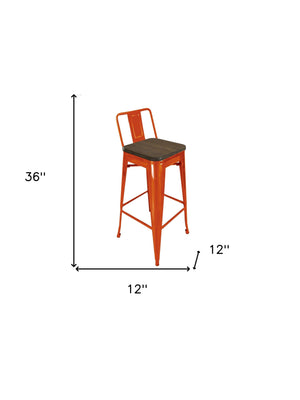 Homeroots Set Of Four 30" Brown And Orange Wood And Steel Low Back Bar Height Bar Chairs   555108