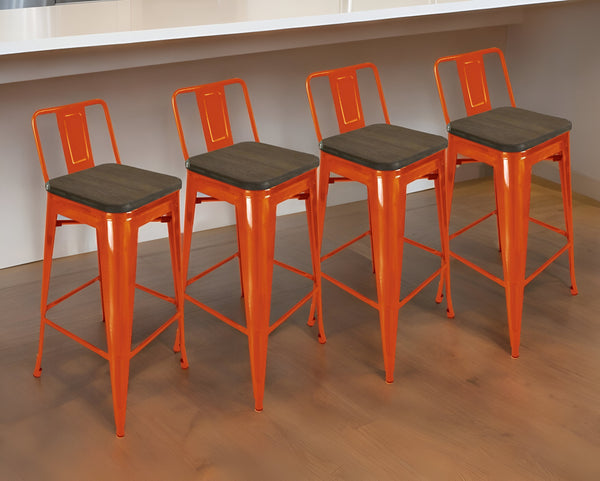 Homeroots Set Of Four 30" Brown And Orange Wood And Steel Low Back Bar Height Bar Chairs   555108