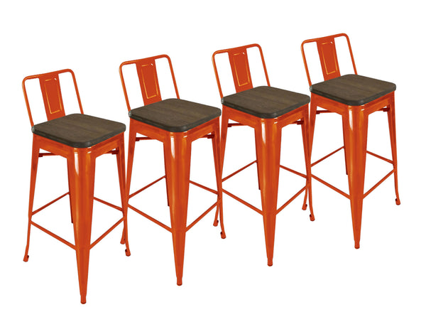 Homeroots Set Of Four 26" Brown And Orange Wood And Metal Low Back Counter Height Bar Chairs   555109