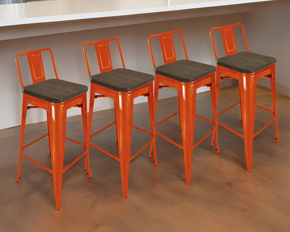 Homeroots Set Of Four 26" Brown And Orange Wood And Metal Low Back Counter Height Bar Chairs   555109