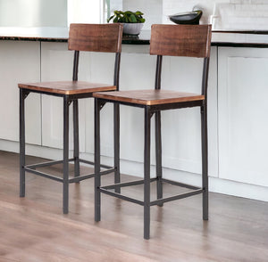 Homeroots Set Of Two 25" Brown And Black Reclaimed Wood And Metal Counter Height Bar Chairs   555114