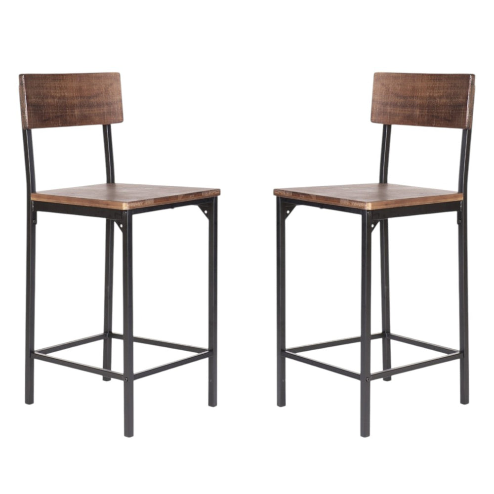 HomeRoots Set of Two 25" Brown Solid Wood & Black Metal Counter Height Bar Stools - Modern Industrial Design 555114