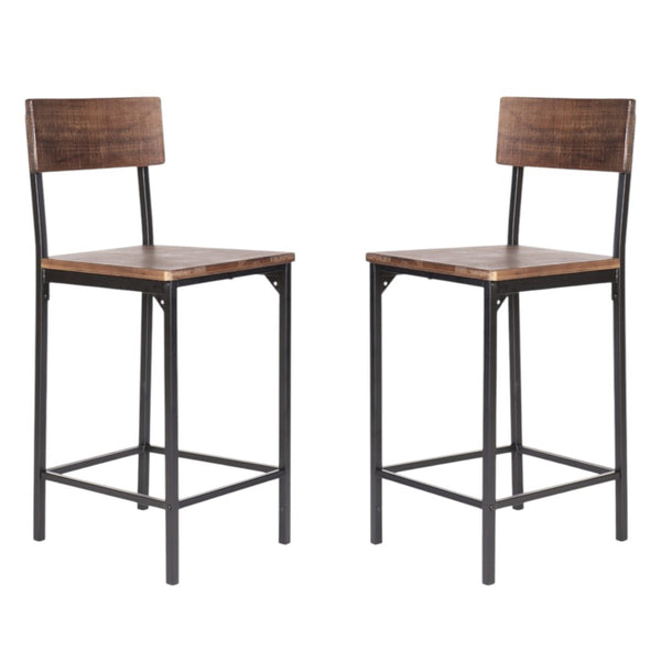 HomeRoots Set of Two 25" Brown Solid Wood & Black Metal Counter Height Bar Stools - Modern Industrial Design 555114