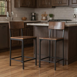 HomeRoots Set of Two 25" Brown Solid Wood & Black Metal Counter Height Bar Stools - Modern Industrial Design 555114
