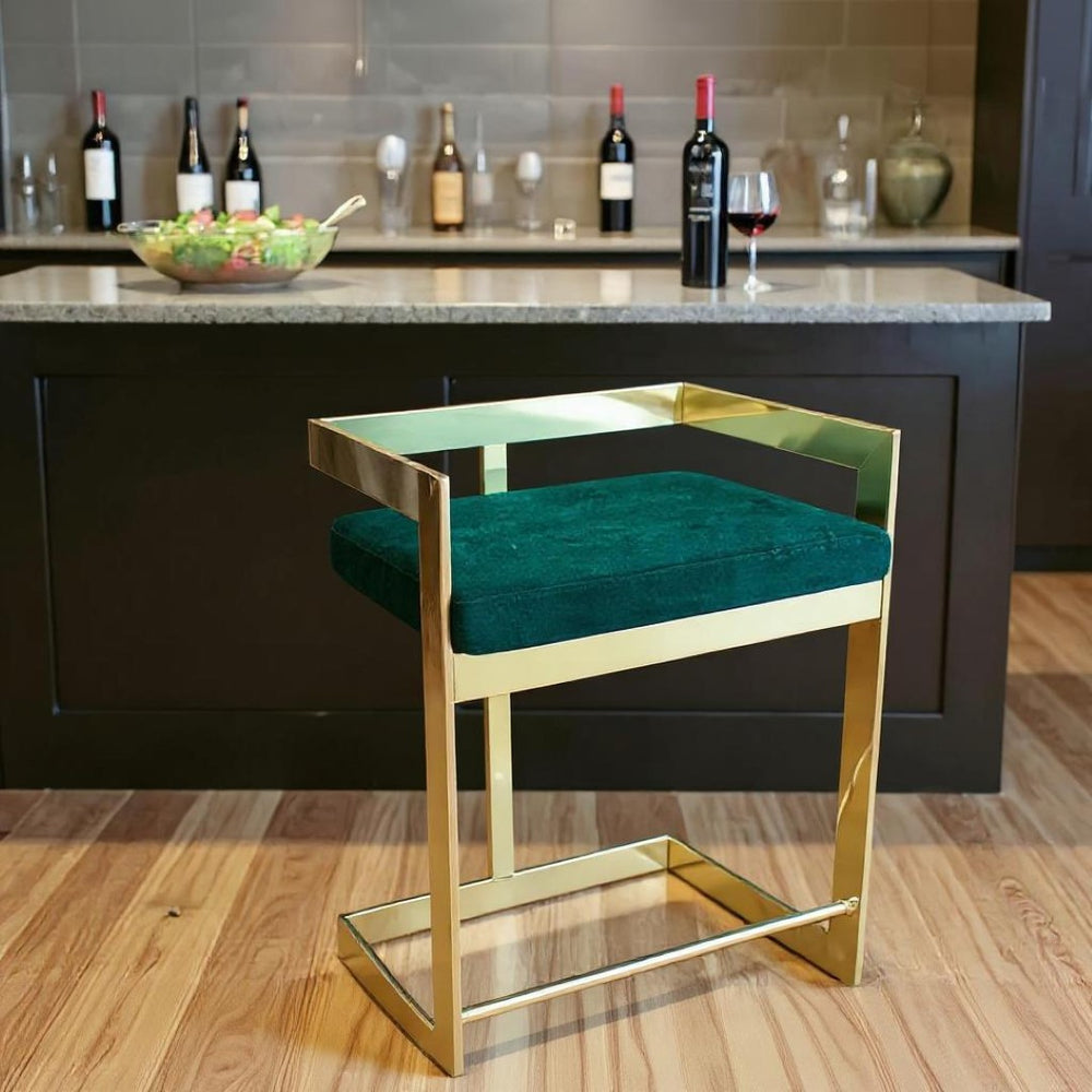 HomeRoots 30" Green Velvet Low Back Bar Chair with Gold Metal Frame - Chic, Comfortable Seating for Any Space 555116