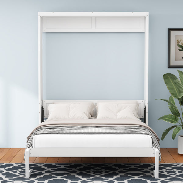English Elm Full Murphy Bed with Side Cabinet, Desk Combo, USB Charging, Adjustable Shelves, 600lb Capacity, White BS7012008109C