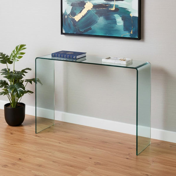 HomeRoots 16" Clear Glass Block Console Table - Modern Elegance for Entryway, Living Room, or Home Office Decor 555121