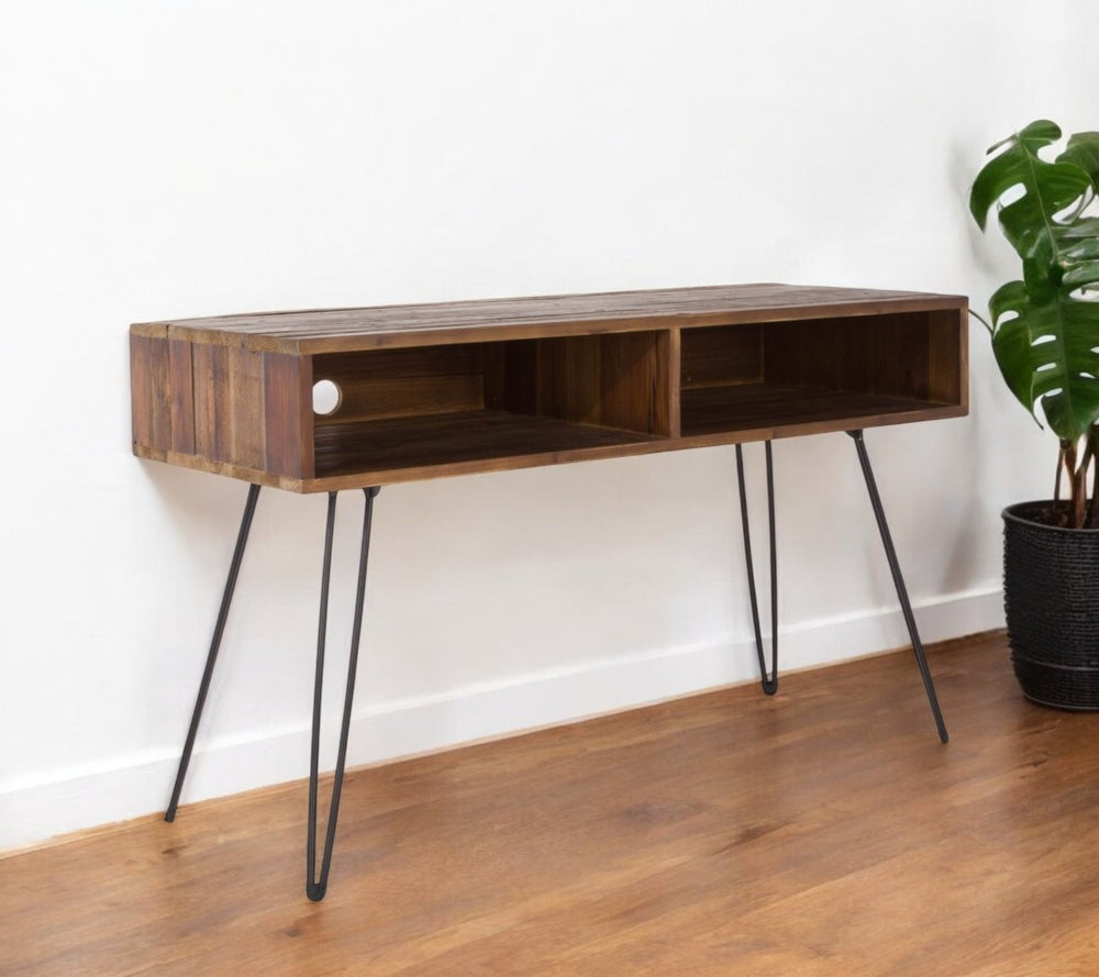HomeRoots 48" Industrial Black Metal & Reclaimed Wood Open Shelving TV Stand for Stylish Media Storage Solutions 555129