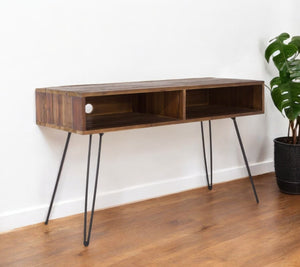 HomeRoots 48" Industrial Black Metal & Reclaimed Wood Open Shelving TV Stand for Stylish Media Storage Solutions 555129