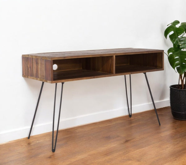 HomeRoots 48" Industrial Black Metal & Reclaimed Wood Open Shelving TV Stand for Stylish Media Storage Solutions 555129