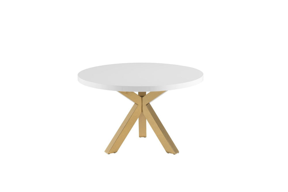 HomeRoots 48" Modern Elegance Round Dining Table with White Gloss Top & Gold Metal Cross-Leg Base for 6 555131