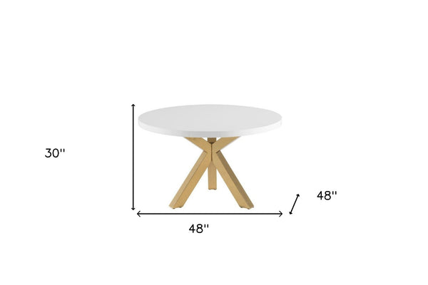 HomeRoots 48" Modern Elegance Round Dining Table with White Gloss Top & Gold Metal Cross-Leg Base for 6 555131