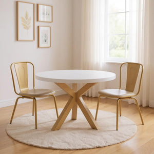 HomeRoots 48" Modern Elegance Round Dining Table with White Gloss Top & Gold Metal Cross-Leg Base for 6 555131