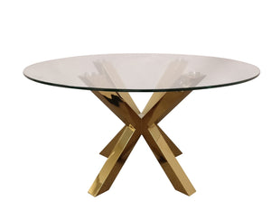 HomeRoots 54" Clear Glass Round Dining Table with Gold Cross-Leg Base – Modern Elegance for Any Space! 555132