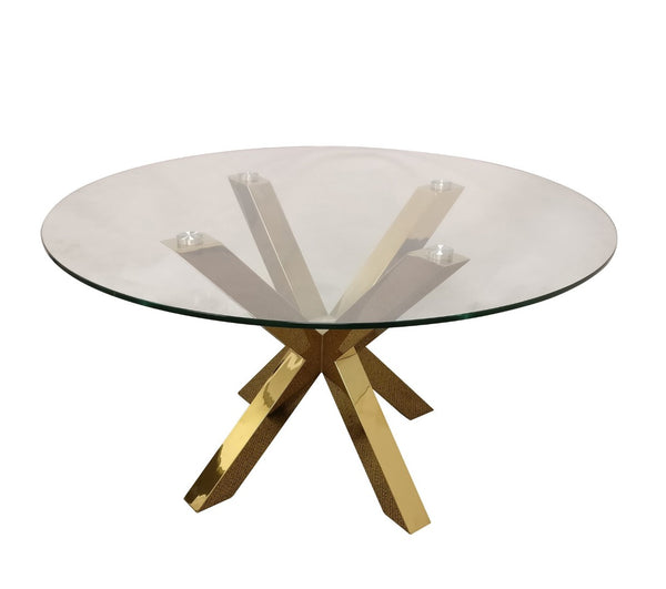 HomeRoots 54" Clear Glass Round Dining Table with Gold Cross-Leg Base – Modern Elegance for Any Space! 555132