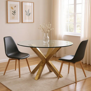 HomeRoots 54" Clear Glass Round Dining Table with Gold Cross-Leg Base – Modern Elegance for Any Space! 555132