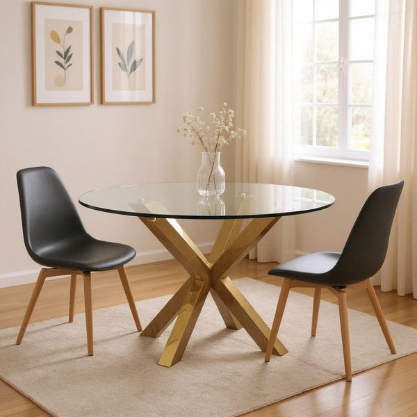 HomeRoots 54" Clear Glass Round Dining Table with Gold Cross-Leg Base – Modern Elegance for Any Space! 555132