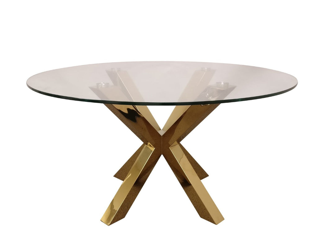 HomeRoots 54" Elegant Clear Glass Round Dining Table with Gold Cross-Leg Base for Modern Spaces and Versatility 555133