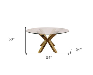 HomeRoots 54" Elegant Clear Glass Round Dining Table with Gold Cross-Leg Base for Modern Spaces and Versatility 555133