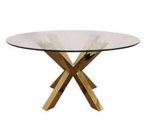 HomeRoots 54" Elegant Clear Glass Round Dining Table with Gold Cross-Leg Base for Modern Spaces and Versatility 555133