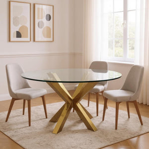 HomeRoots 54" Elegant Clear Glass Round Dining Table with Gold Cross-Leg Base for Modern Spaces and Versatility 555133