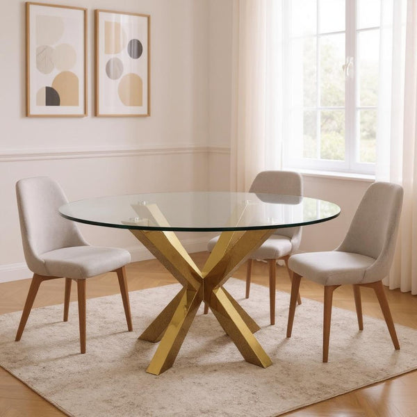 HomeRoots 54" Elegant Clear Glass Round Dining Table with Gold Cross-Leg Base for Modern Spaces and Versatility 555133