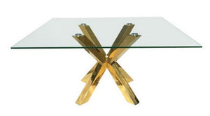 HomeRoots 60" Clear Glass & Gold Metal Cross-Leg Square Dining Table – Modern Elegance for 6, Easy Assembly! 555134