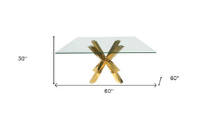HomeRoots 60" Clear Glass & Gold Metal Cross-Leg Square Dining Table – Modern Elegance for 6, Easy Assembly! 555134