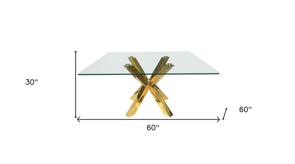 HomeRoots 60" Clear Glass & Gold Metal Cross-Leg Square Dining Table – Modern Elegance for 6, Easy Assembly! 555134